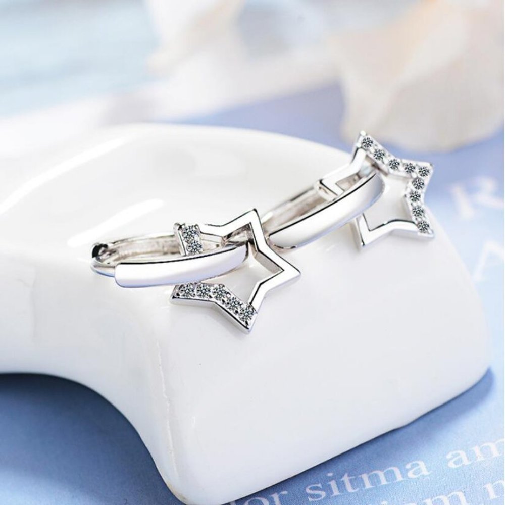 NEW 925 Sterling Silver Diamond Star Hoop Earrings - Picture 4 of 7